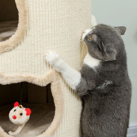 Arbre à chat tonneau 96 cm avec 3 niches, couchage lavable et sisal 360° (1/5)