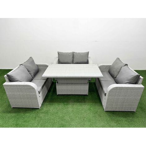 Fimous 6 Seater PE Wicker Rattan Furniture Sofa Sets with Adjustable Lifting Dining or Coffee Table 2 Seater Love Sofa Light Grey (1/5)