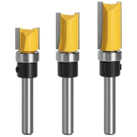 3Pcs 1/4 pouce Tige Fraise à Affleurer, Fraise à araser Fraise à Copier Avec Roulement Supérieur, Outils de Fraisage de Menuiserie