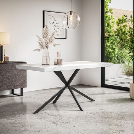 Donni Dining Table Modern White Marble Effect Table Top w Black Legs (1/4)
