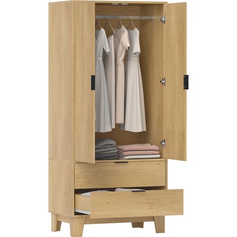 Armoire chambre penderie avec 2 portes à fermeture douce, 2 tiroirs et barre de suspension, 80x50x180cm, bois naturel