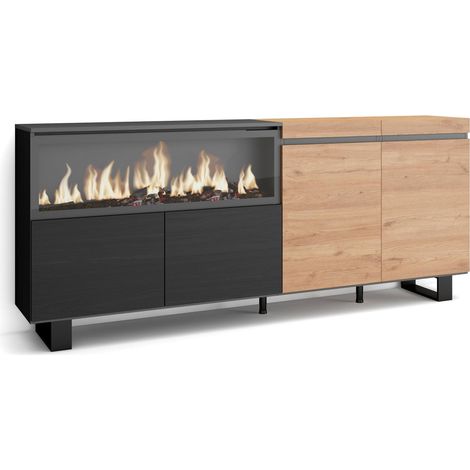 Skraut Home – Buffet de rangement 208x35x87cm – 4 portes – Cheminée électrique XXL – Design industriel chêne et noir – Meuble moderne (1/5)