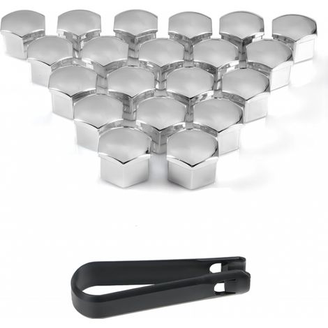 Cache-écrous de Roue, Ensemble de 20 Couvre-écrous de Roues universels en Plastique chromé avec Outil de démontage pour Voitures (Argent, 17mm) (1/5)
