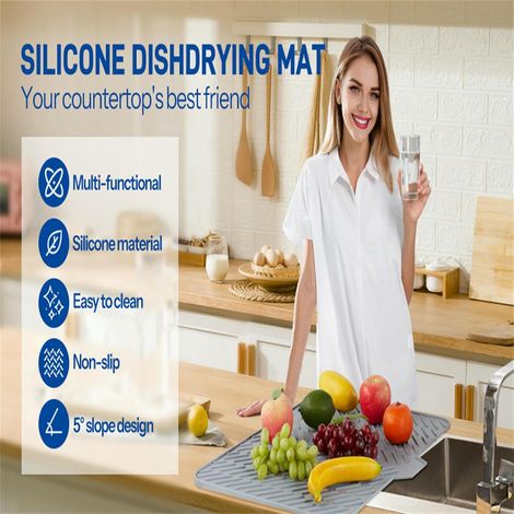 Tapis égouttoir à vaisselle en silicone pour plan de travail avec bords égouttoirs intégrés (blanc, 23 x 17 pouces). (1/4)