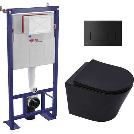 Swiss Aqua Technologies Pack WC Bâti autoportant + WC SAT Infinitio sans bride noir mat + Abattant softclose + Plaque noire mat