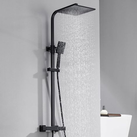 Colonna doccia nera con miscelatore termostatico in ottone,soffione quadrato 25x25cm,asta in acciaio inox, altezza regolabile 97-130cm (1/5)