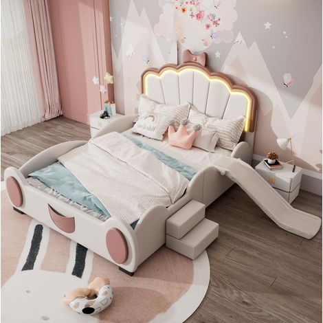 Cama infantil mariposa 140x200 cm de PU y MDF rosa y blanco con cabecero LED, escalera y tobogán (1/5)