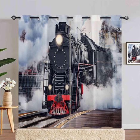 Rideau Occultant Vintage Locomotive Vapeur Train Rideau Thermique Isolant Draperies Intérieurs Tenture Opaque à Oeillets pour Maison Chambre Salon Fenetre 2 Pièces L 140 x H 240 cm - 140L X 240H cm (2 (1/5)