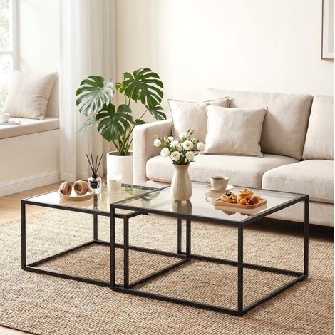Table basse 2 pièces ronde gigogne en verre trempé et métal noir OKMYHOME (1/5)