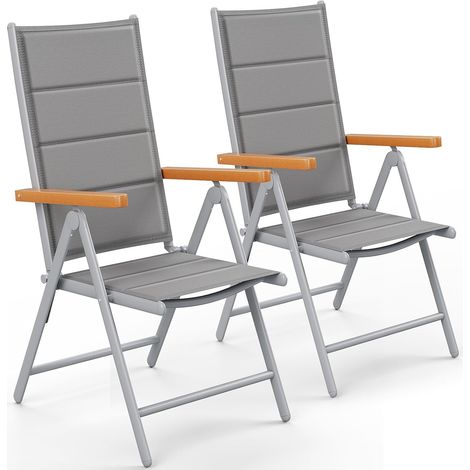 2er Set Klappbarer Gartenstuhl, Aluminium Balkonstuhl, mit gepolsterter Rückenlehne und Sitzfläche, WPC Armlehnen, 7-fach verstellbar, Campingstuhl, Hellgrau (1/5)