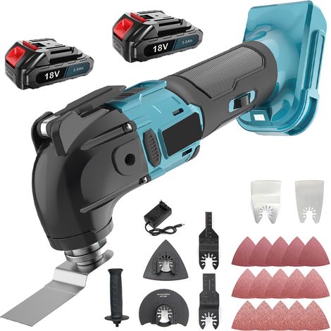 Multi-utensili, cordless brushless oscillante multi-utensile levigatrice raschietto Sega, cambio lama senza chiave, 6velocità,+22 lame+2 batterie 3.0A + caricabatterie, compatibile con batterie Makita