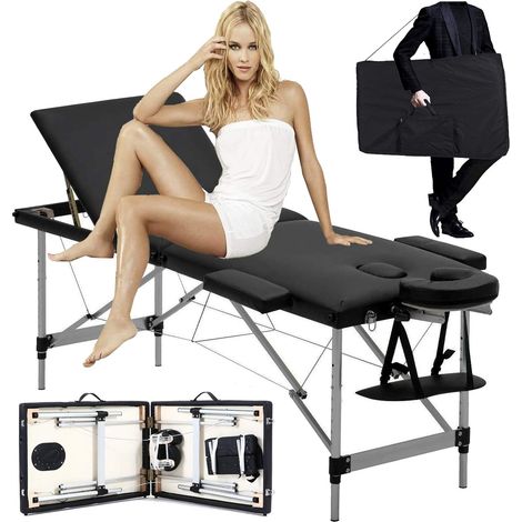 Kostenlose Tragetasche Professioneller Massagetisch, Schönheitscouch, Aluminiummaterial, leicht, tragbar, 3-teilig, für die Therapie, Behandlung, Reiki-Salon, Heilung, schwedische Massage, Schwarz, 50 (1/5)