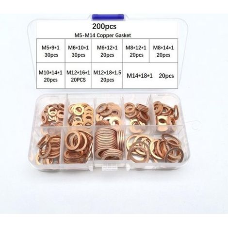 Anillos metálicos de cobre, anillos planos, juntas tóricas con caja de almacenamiento para sellos - 200 piezas/M5 M6 M8 M10 M12 M14 (1/5)