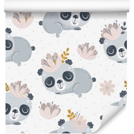 Papel pintado de pandas entre flores para salón y dormitorio, 50x1000 cm. (1/5)