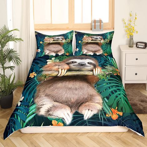 Parure de Lit pour Enfants avec Paresseux Mignon Housse de Couette Animal de Dessin Animé pour Garçons et Filles Drôle Paresseux Feuilles Tropicales Impression Floral Literie (1/5)