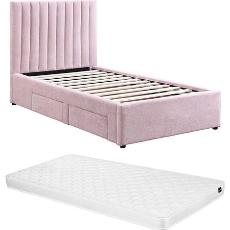 Lit 90 x 190 cm avec 2 tiroirs - Tissu - Rose + Matelas - SARAH (1/5)