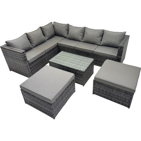 Fimous Outdoor Rattan Rectangular Coffee Table Corner Sofa Sets Garden Furniture Set with 2 Big Stools Dark Grey Mixed (1/5)