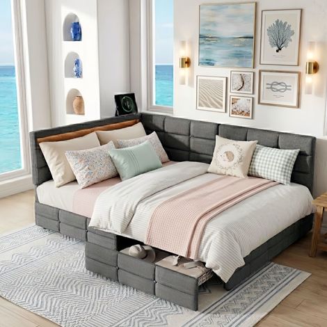 Lit Double 140x190 cm avec 2 Tiroirs, Lit 2 Places Rembourré en Tissu Lin avec Ports USB et Sommier, Lit d'Angle / Lit d'Appoint pour Chambre d'Amis et Ado - Gris