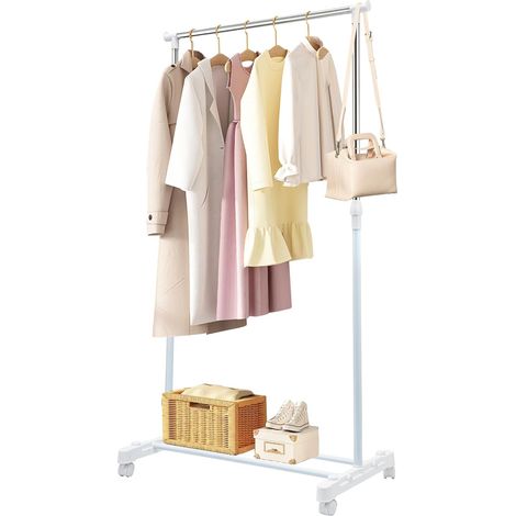 Youyijia Clothes Rail Extendable Clothes Rack (90-165) x85x42cm Portable Clothing Rail for Bedroom Small Hanging Rail on Wheels Adjustable Dress Coat Rack Tidy with Storage Stand Single Pole (White) (1/5)