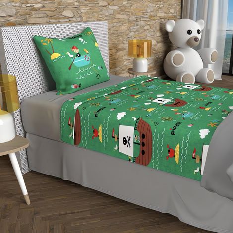 Parure de draps 180x290 cm PIRATES vert, 100% coton 57 fils/cm2, par Soleil d'Ocre (1/5)