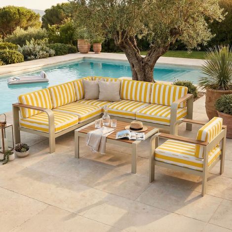 Salon 6 de jardin places en alu crème et bois, housse à rayures jaunes