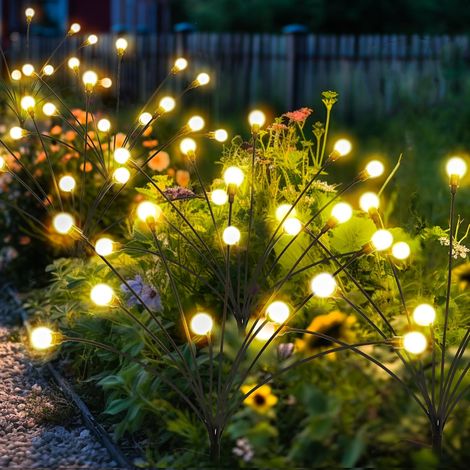 Lumières solaires de jardin, 60 LED Lampes de jardin Firefly Solaire Extérieur, Lumières solaires pour la décoration de la cour, du patio et de l'allée (Lot de 6,chaud) (1/5)