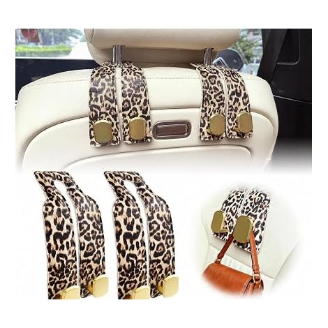Lot de 2 crochets d’appuie-tête voiture léopard, crochet double sac à main, support simili cuir, accessoire intérieur auto, cintre arrière siège, rangement pratique pour sacs et objets divers utiles (1/5)