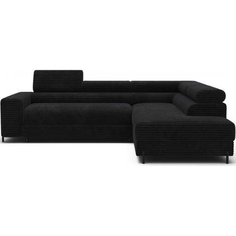 Sofá de esquina COLESIA convertible 5 plazas negro terciopelo acanalado – derecho – 274x200cm (1/5)