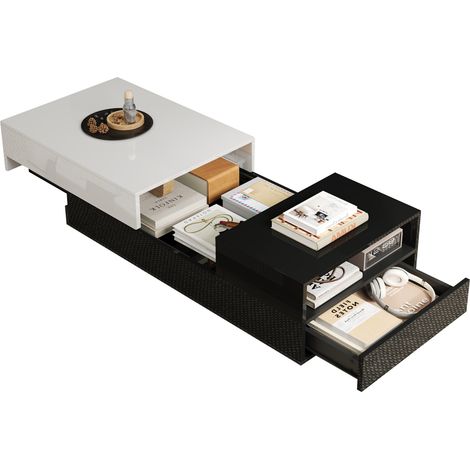 Tavolino da Salotto 100x50x38 cm, Portata 30 kg, Doppio Cassetto, Piano Scorrevole, Vano Espositivo, MDF, Bianco (1/5)
