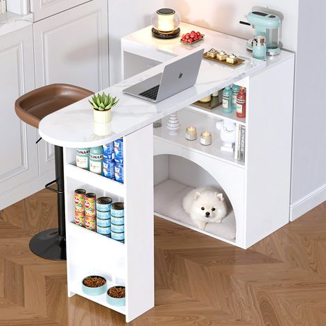 Table de bar extensible 120 (+80)×40×100 cm - table à manger - avec espace de repos pour animaux - blanc