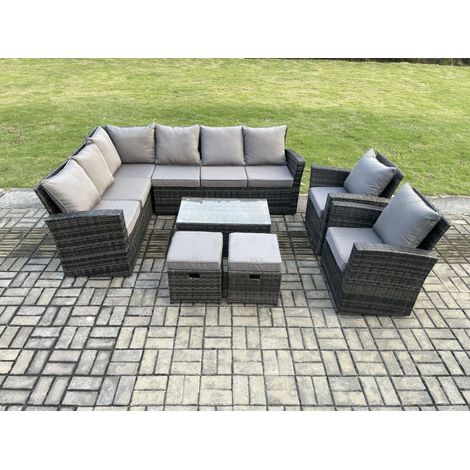 Fimous 10 Sitzer Hoher Rücken Rattan Gartenmöbel Set Rattan Ecksofa Set mit Rechteckiger Couchtisch 2 kleine Fußhockern 2 Sesseln Dunkelgrau gemischt (1/5)