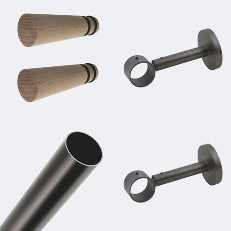 Kit de tringle à rideaux Carbone 200cm Diam.28mm Embout Cône Bois - Fixation Mur - Boulet (1/3)
