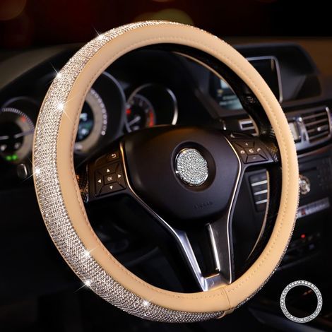 Couvre Volant Paillette Strass Protege Volant Voiture en Cristal Diamant Brillant 38 cm Antidérapant Glitter Housse Volant Voiture Bling Accessoires pour Femmes (Beige-Blanc) (1/5)