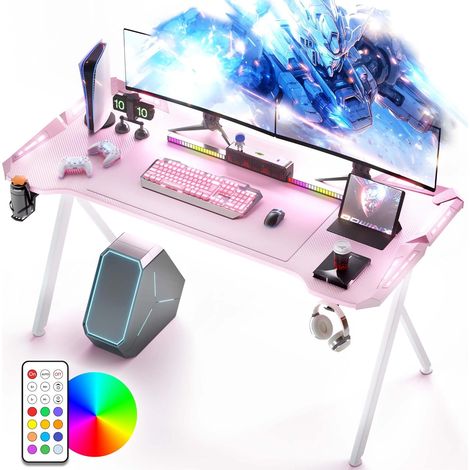 Gaming-Tisch mit LED-Beleuchtung, RGB-Beleuchtung mit Carbonfaser-Oberfläche, LED-Gaming-Schreibtisch mit Fernbedienung, Gaming-Tisch mit Getränkehalter und Kopfhörerhaken, 160 cm, Pink