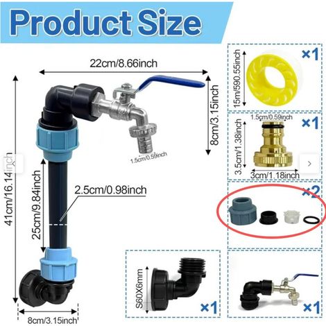 Kit pour cuve IBC 1000 L (poignée bleue, raccord 3/4" vers 1") + Vanne de traversée + Raccords finition dorée [Cuve non incluse]