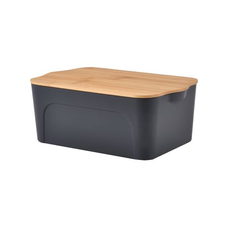 Boîte en plastique avec couvercle en bambou - 5L - Gris et beige - L 28 x l 18 x H 10,5 cm - Livraison gratuite (1/3)