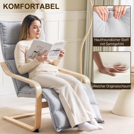 Fauteuil relax en bois de bouleau, siège capitonné avec repose-jambes ajustable, fauteuil design moderne, gris clair (1/4)