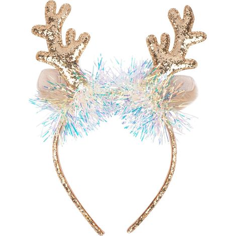 Cerchietto natalizio dorato - Decorazione per capelli con corna di cervo scintillanti - Accessorio per capelli festoso e carino - Regalo per donne e ragazze - Cerchietto con corna di cervo con nastro 