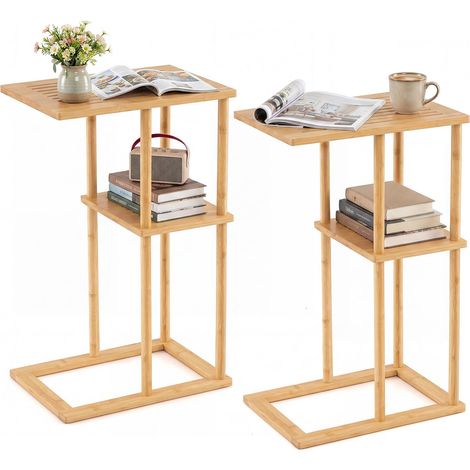 Bambus-Beistelltischset in C-Form, 2-stöckig, 40 x 28 x 65 cm