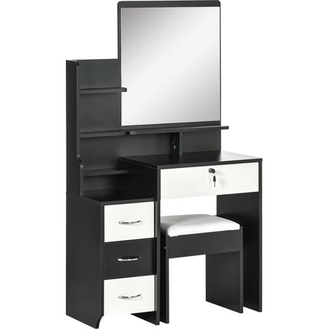 Coiffeuse table maquillage blanc noir avec miroir, tabouret, 4 tiroirs, étagères