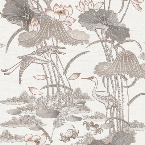 Design ID Grey Lotus Pond Wallpaper Crane Lily Pads Textured Paste The Wall (1/4)