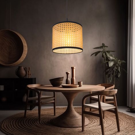 Lampada a sospensione effetto bambù per sala da pranzo, lampada a sospensione naturale, soggiorno, metallo, plastica nera, 1x attacco E27, PxA 28x140 cm