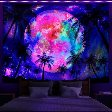 Tapisserie murale à lumière noire lune galaxie espace cocotier tropical colorée aurore naturelle suspendre pour chambre coucher (1/5)