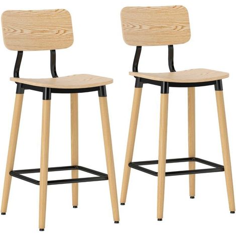 Lot de 2 tabourets de bar avec dossier, en bois et métal, couleur marron clair. Convient pour bar intérieur, îlot de cuisine et salle à manger