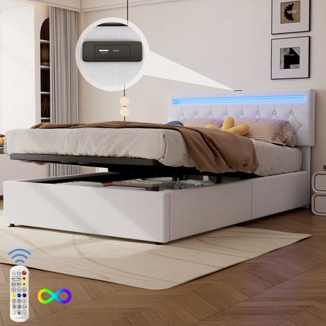 Letto 140x200 cm - Letto contenitore 140 e rete - Letto matrimoniale imbottito con LED RGB, porte USB e Type-C - Tessuto di lino e MDF - Bianco (1/5)