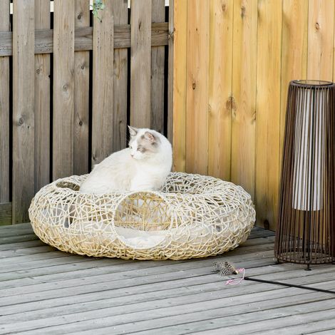 PawHut Rattan-Katzenbett 78 x 69 x 22 cm, Korb für mollige Katzen mit weichem Kissen, 3 Zugangsöffnungen, Katzentunnel, Naturholz