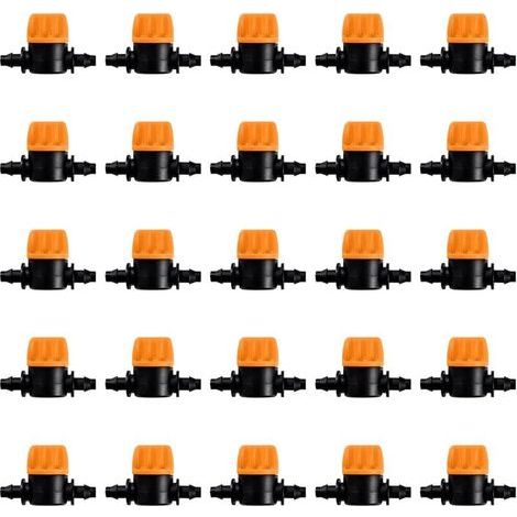 pair 25 Pièces 4/7 Vanne D'irrigation, Mini Valves de Contrôle pour Tuyau d'arrosage 4/7mm, Valves d'arrêt Cannelées 1/4 Pouce Tuyau d'irrigation Goutte à Goutte, Mini Tuyau Vanne d'eau Travers