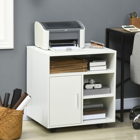 HOMCOM Support d'imprimante organiseur bureau caisson placard porte 3 niches + grand plateau panneaux particules blanc