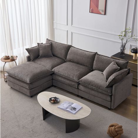 Divano angolare 3 posti in chenille grigio modulare con chaise longue e pouf (1/5)