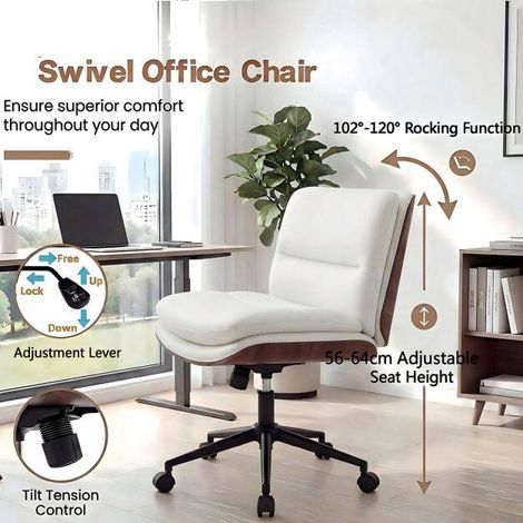 Chaise de bureau blanche sans accoudoirs en similicuir avec dossier courbé (1/5)